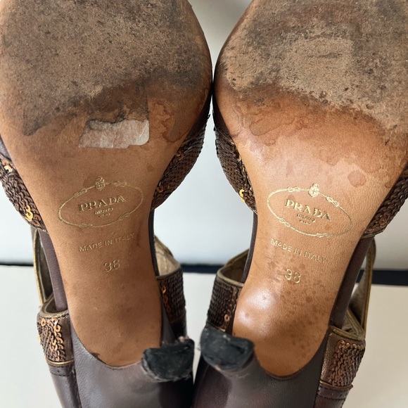 Prada Vintage Brown gold Sequin PeepToe Ankle strap Heels Sz 38 - Picture 7 of 9